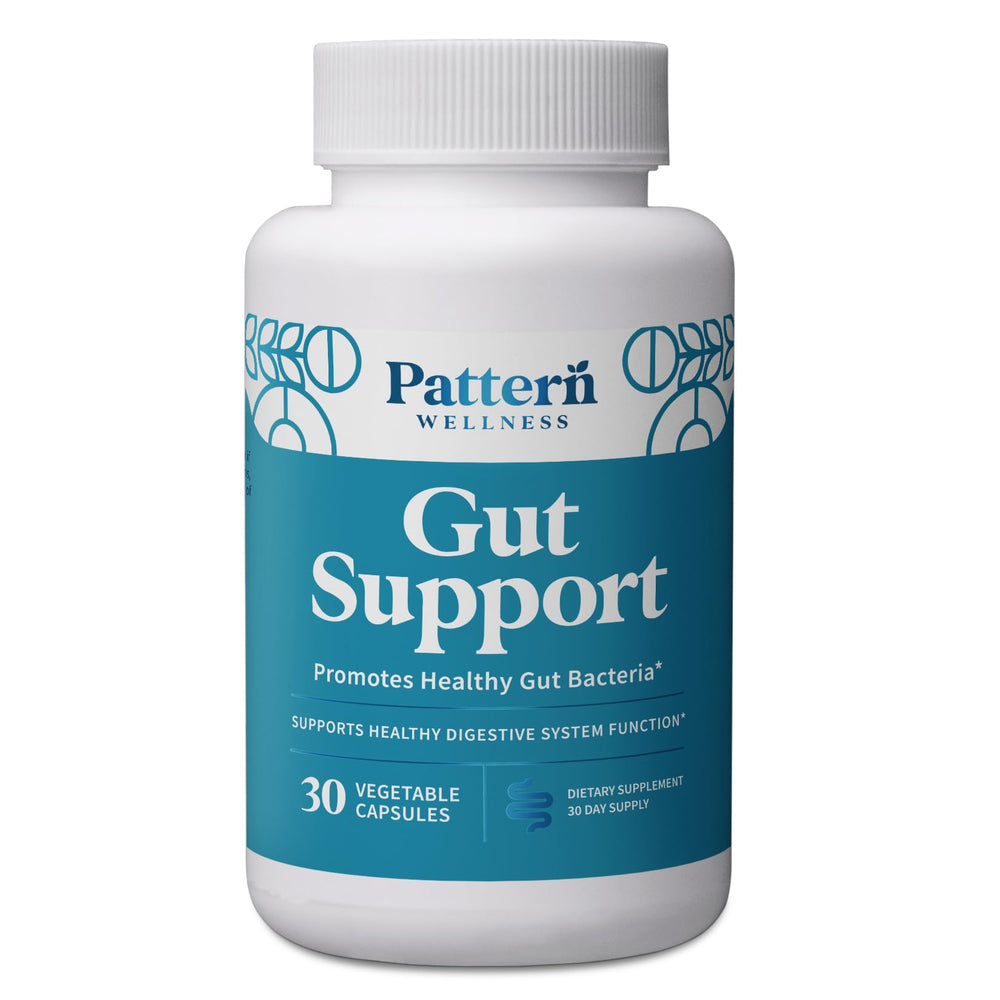 Pattern Wellness Gut Support bottle front showcasing vegan probiotic blend for daily digestion support.