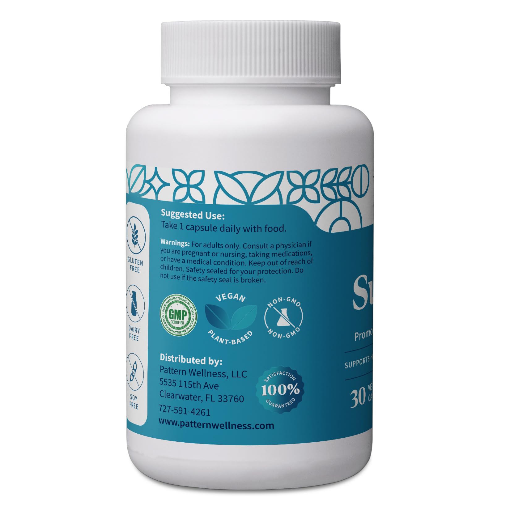 Pattern Wellness Gut Support capsules closeup highlighting plant-based ingredients for balanced gut wellness.