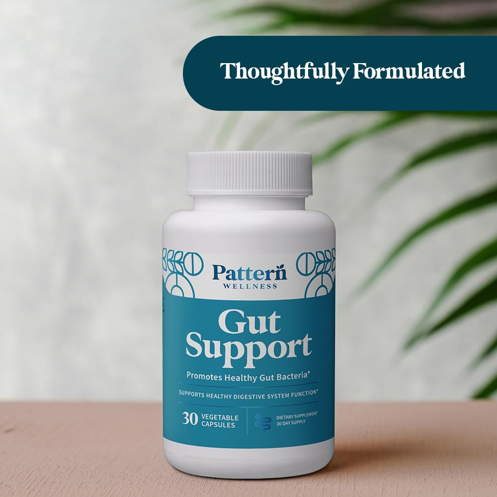 Pattern Wellness Gut Support packaging highlights GMP-certified facility and third-party testing.