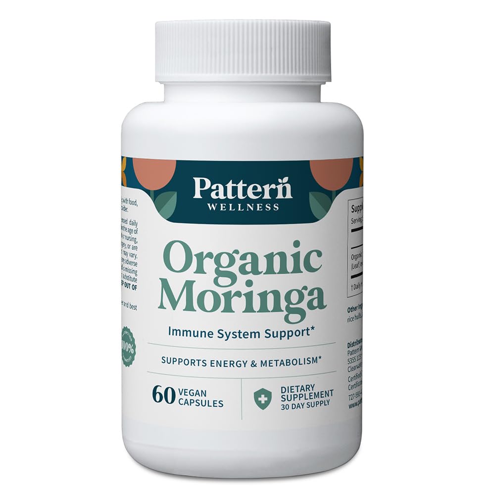 Pattern Wellness moringa capsules in a bottle suggest antioxidant support for daily vitality.