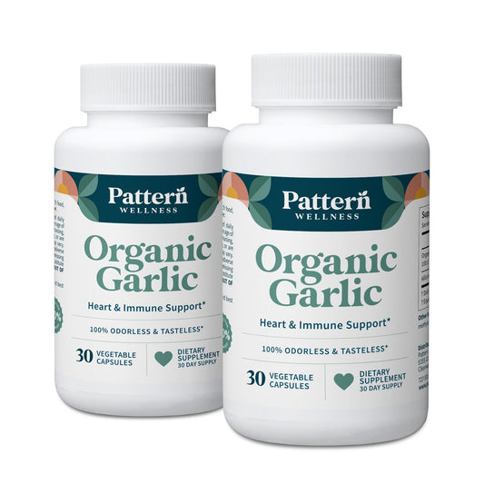 Pattern Wellness Odorless Garlic bottle showing 60 capsules for daily wellness