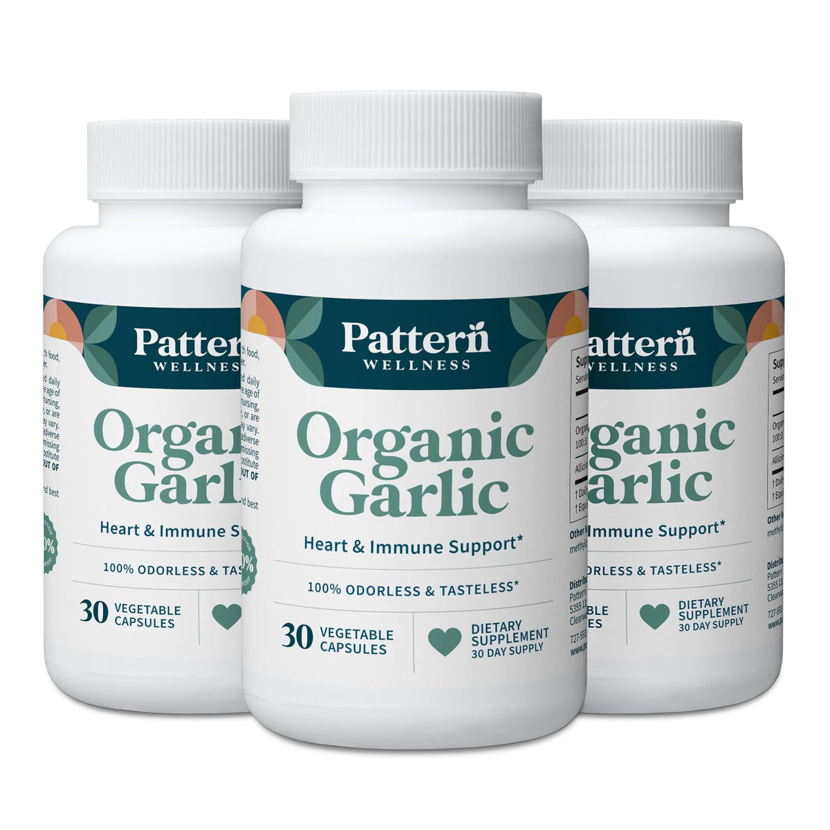 Pattern Wellness odorless garlic bottle demonstrates a convenient, odor-free supplement for daily circulatory support.