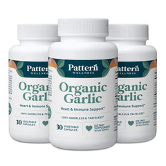 Pattern Wellness odorless garlic bottle demonstrates a convenient, odor-free supplement for daily circulatory support.