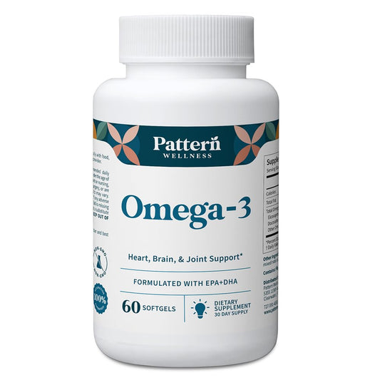 Pattern Wellness Omega-3 softgels bottle on a clean surface for daily brain and heart support.