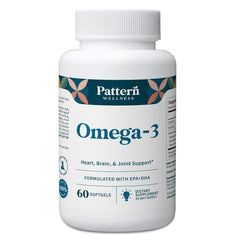 Pattern Wellness Omega-3 softgels bottle on a clean surface for daily brain and heart support.
