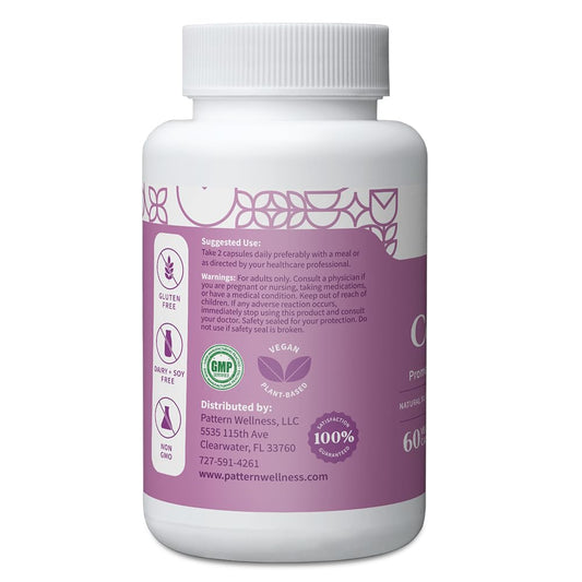 Pattern Wellness PMS Complex capsules closeup for convenient daily use.