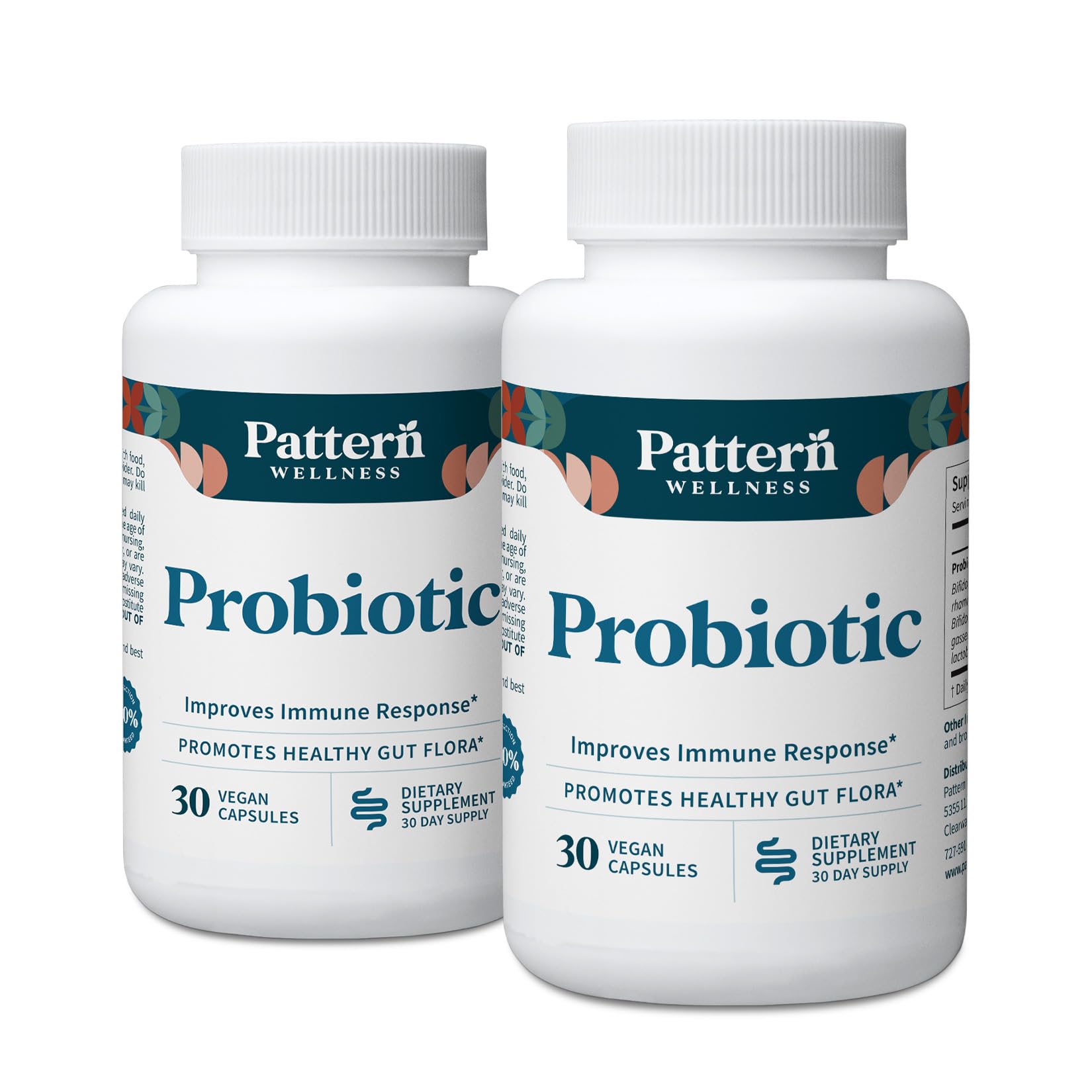 Pattern Wellness probiotic bottle shows 51B CFU for gut balance and daily wellness.