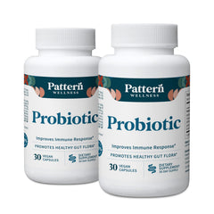 Pattern Wellness probiotic bottle shows 51B CFU for gut balance and daily wellness.