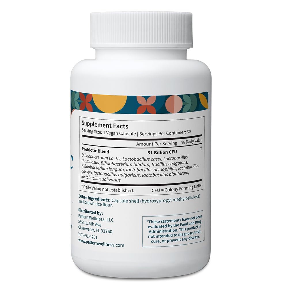 Pattern Wellness probiotic capsules close-up emphasizes high-potency capsules for daily use.