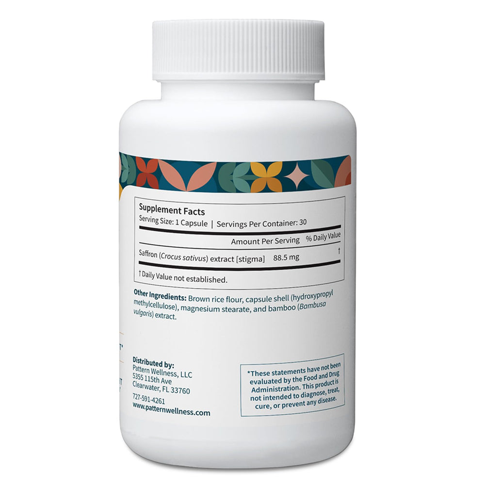 Pattern Wellness saffron capsules arranged for daily wellness routine.