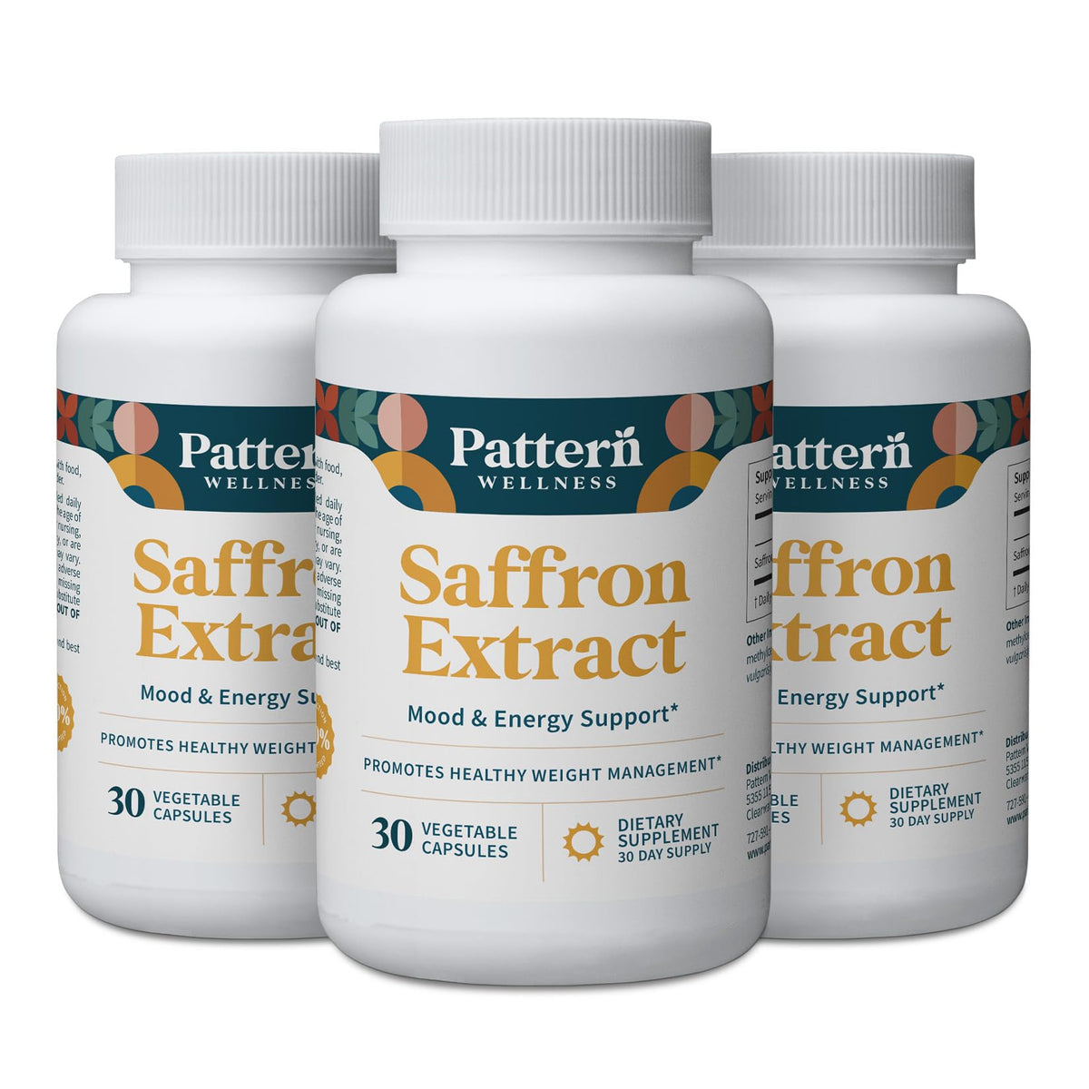 Pattern Wellness saffron extract bottle close-up highlighting 88.5 mg for daily balance.