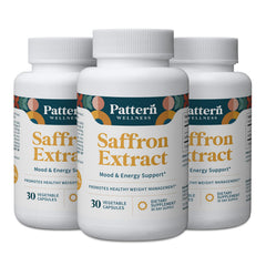 Pattern Wellness saffron extract bottle close-up highlighting 88.5 mg for daily balance.