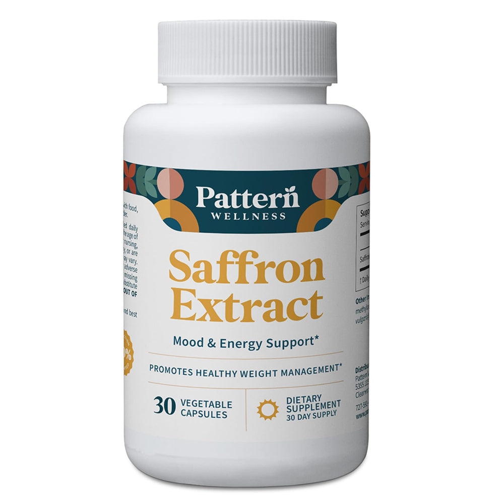 Pattern Wellness saffron extract bottle with capsules for daily mood support.