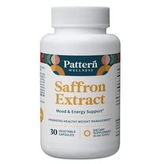 Pattern Wellness saffron extract bottle with capsules for daily mood support.