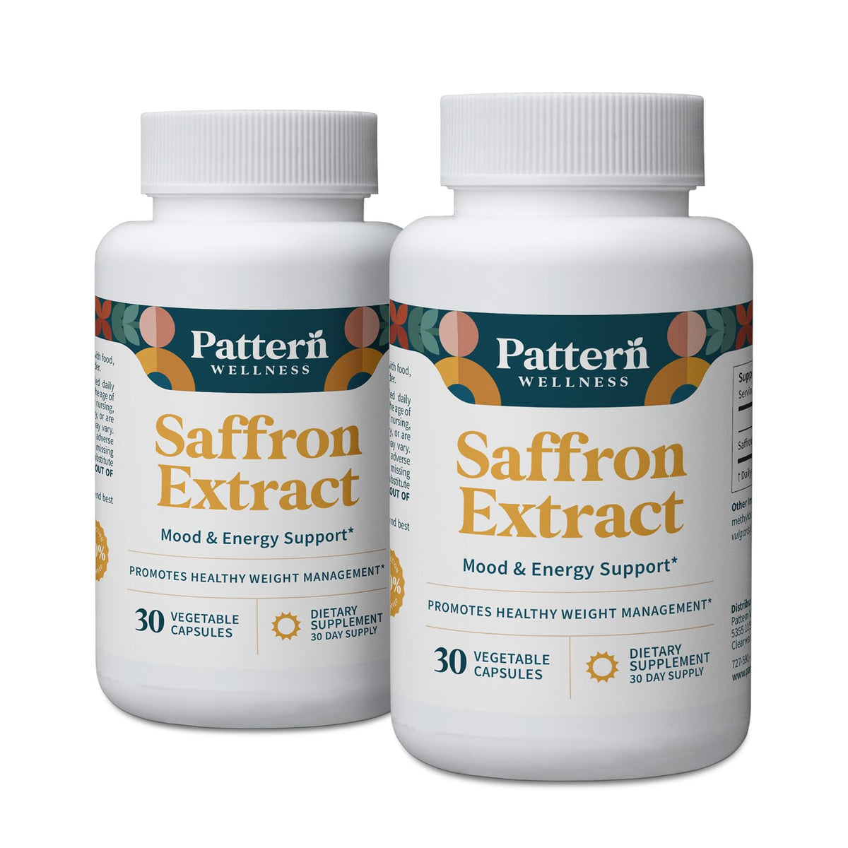 Pattern Wellness saffron extract capsules in a bottle for daily mood balance.