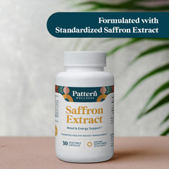 Pattern Wellness saffron extract box placed on a clean kitchen counter.