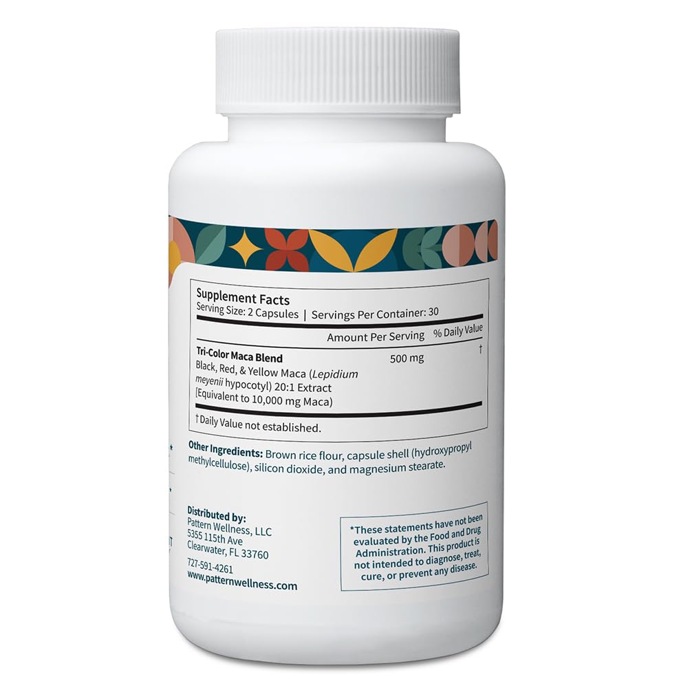 Pattern Wellness tri-color maca blend illustrating balance and well-being potential.