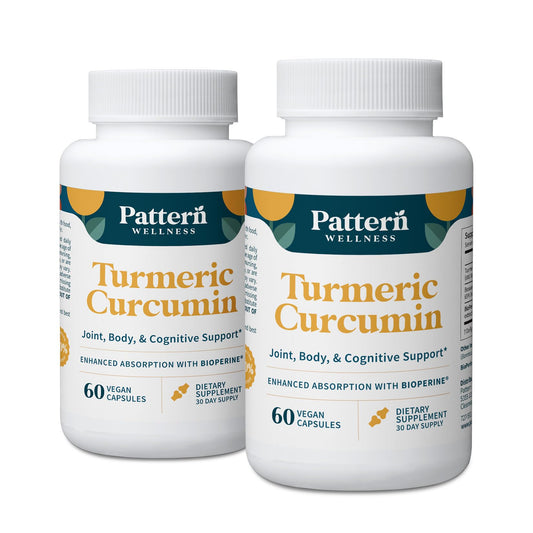 Pattern Wellness Turmeric Curcumin bottle front suggesting daily wellness support for an active lifestyle.