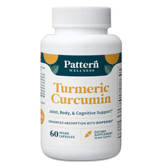Pattern Wellness Turmeric Curcumin bottle front shows capsules for joint and immune support