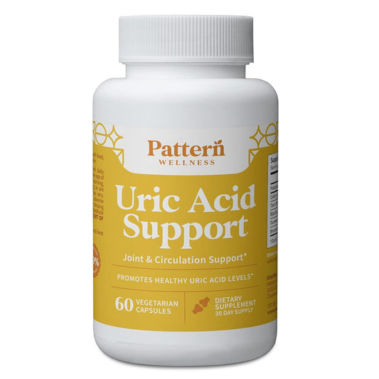 Pattern Wellness Uric Acid Support bottle front with capsules for daily balance.