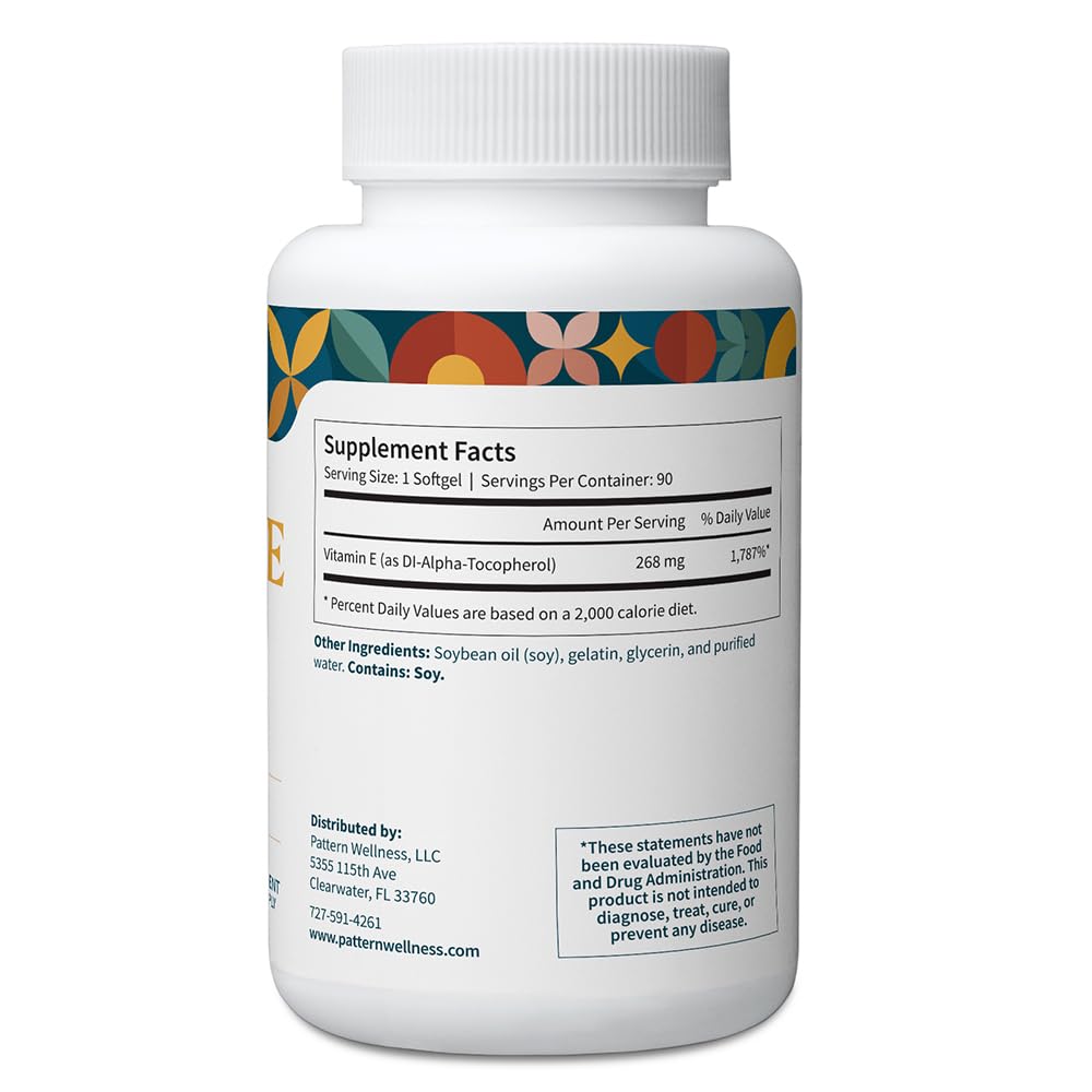 Pattern Wellness Vitamin E 400 IU label detail highlighting non-GMO and gluten-free formula.