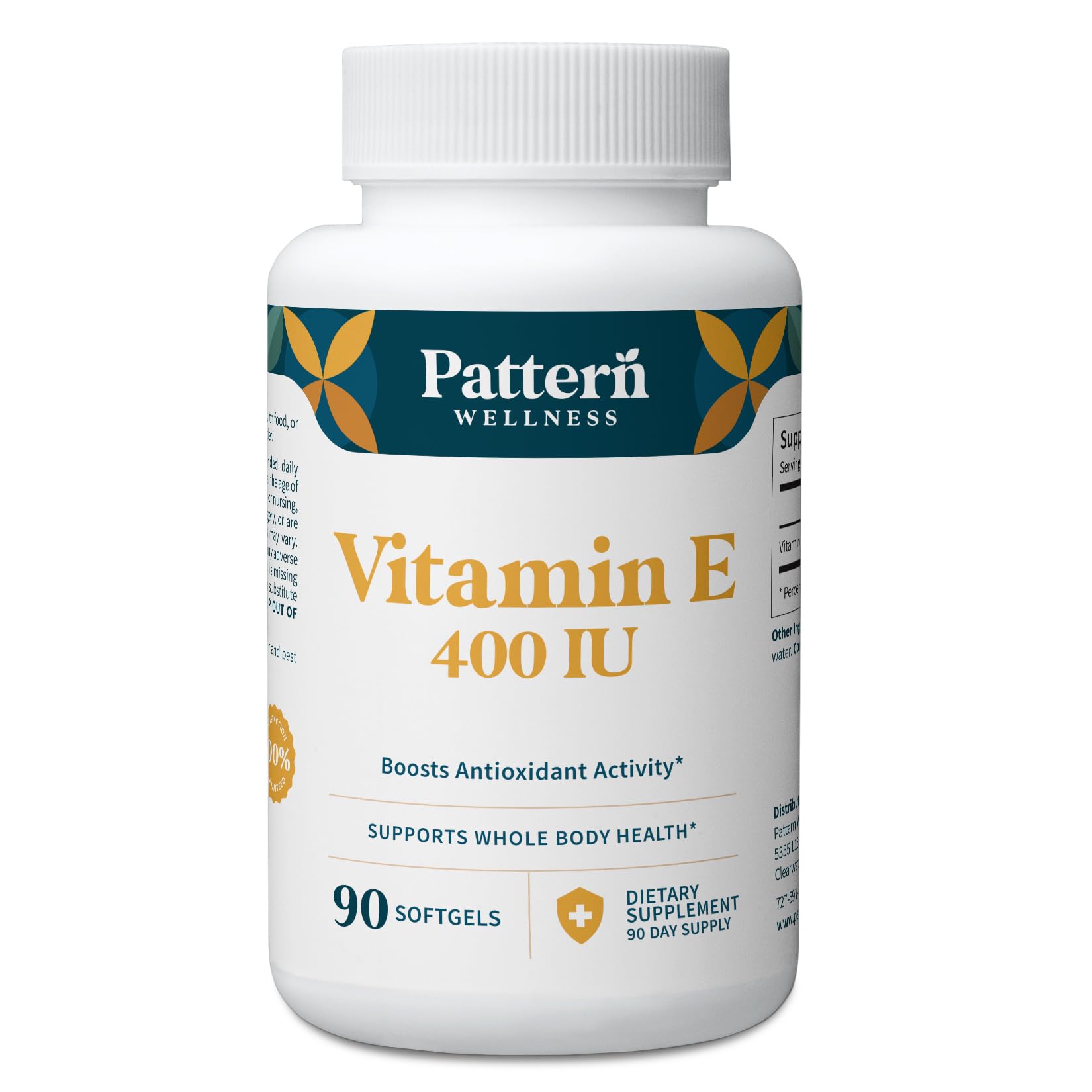Pattern Wellness Vitamin E 400 IU softgel bottle on shelf, supports daily antioxidant intake.