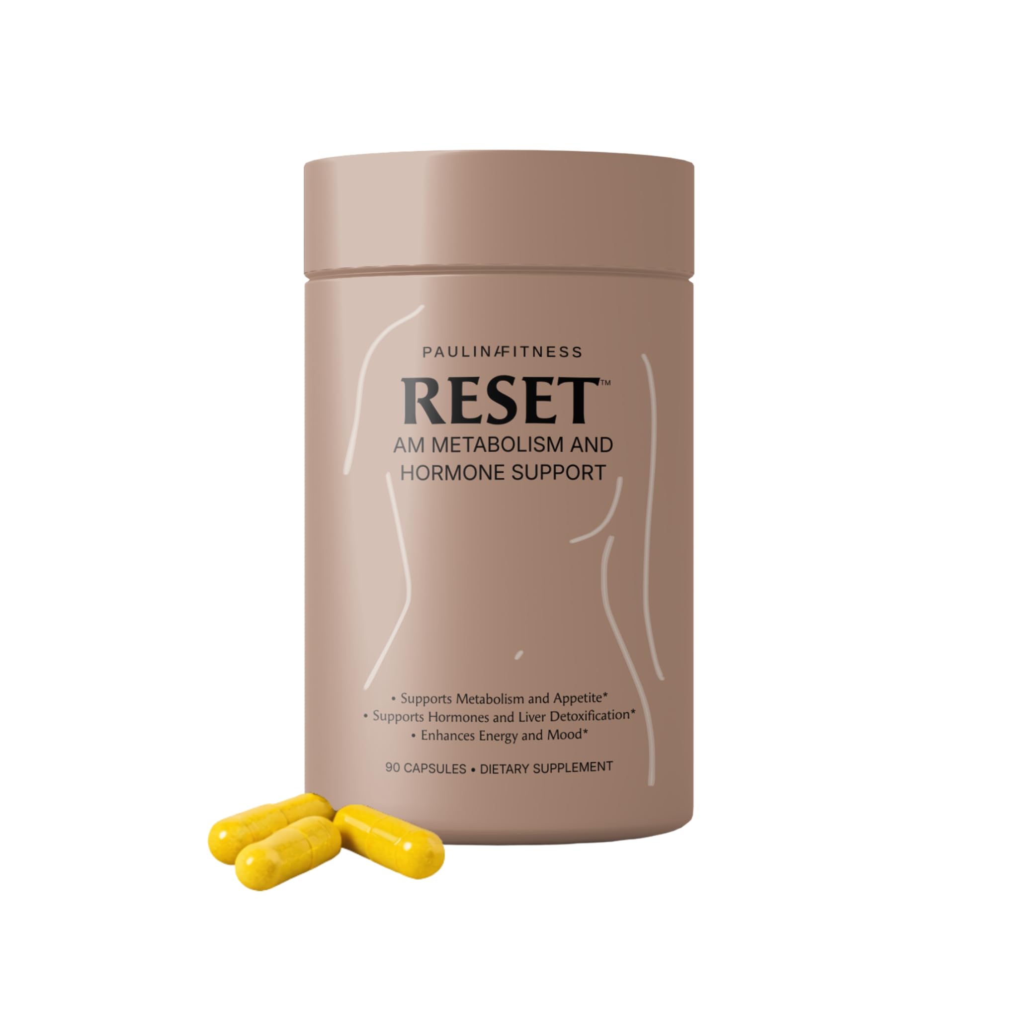 Paulina Fitness Reset AM bottle on counter highlighting metabolism support