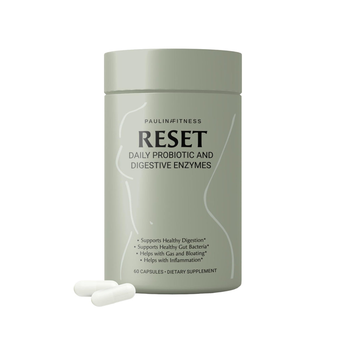 Paulina FITNESS Reset Daily Probiotic bottle shown on kitchen counter for daily gut balance