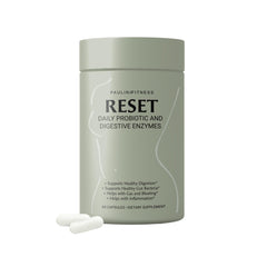 Paulina FITNESS Reset Daily Probiotic bottle shown on kitchen counter for daily gut balance