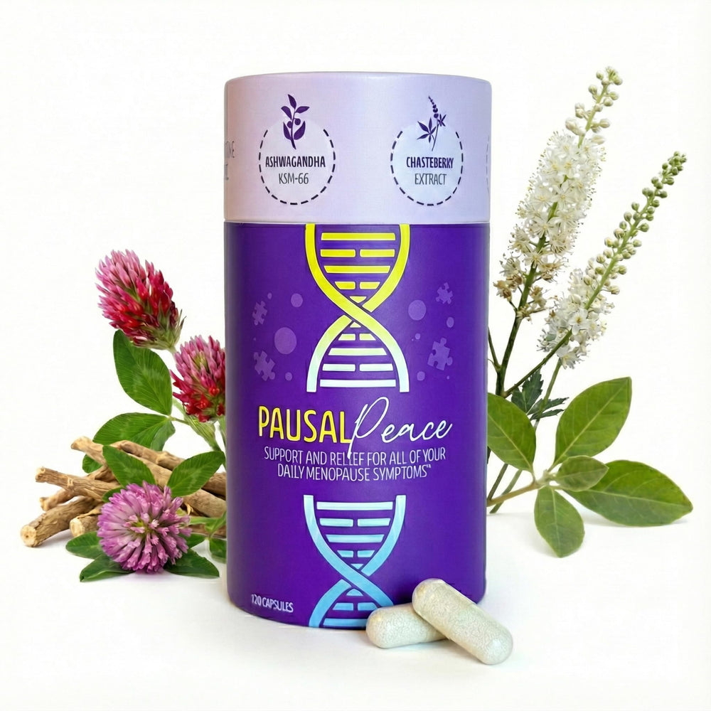 PausalPeace bottle front view promoting menopause comfort and daily well-being