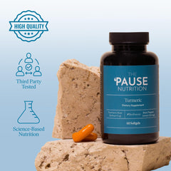 The 'Pause Life Turmeric root closeup emphasizes natural ingredients
