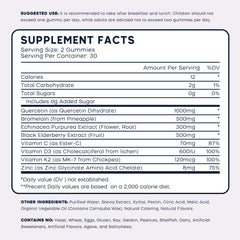 PAYAOCZ Quercetin Gummies ingredients panel showcasing bromelain, elderberry, vitamin C