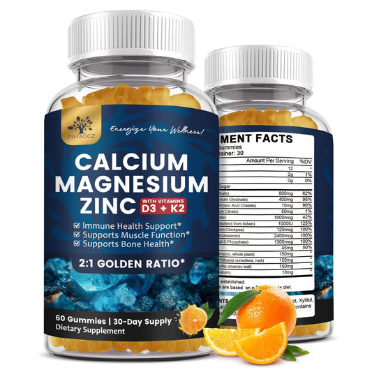 PAYAOCZ Calcium Magnesium Zinc Gummies bottle showing a convenient bone support formula