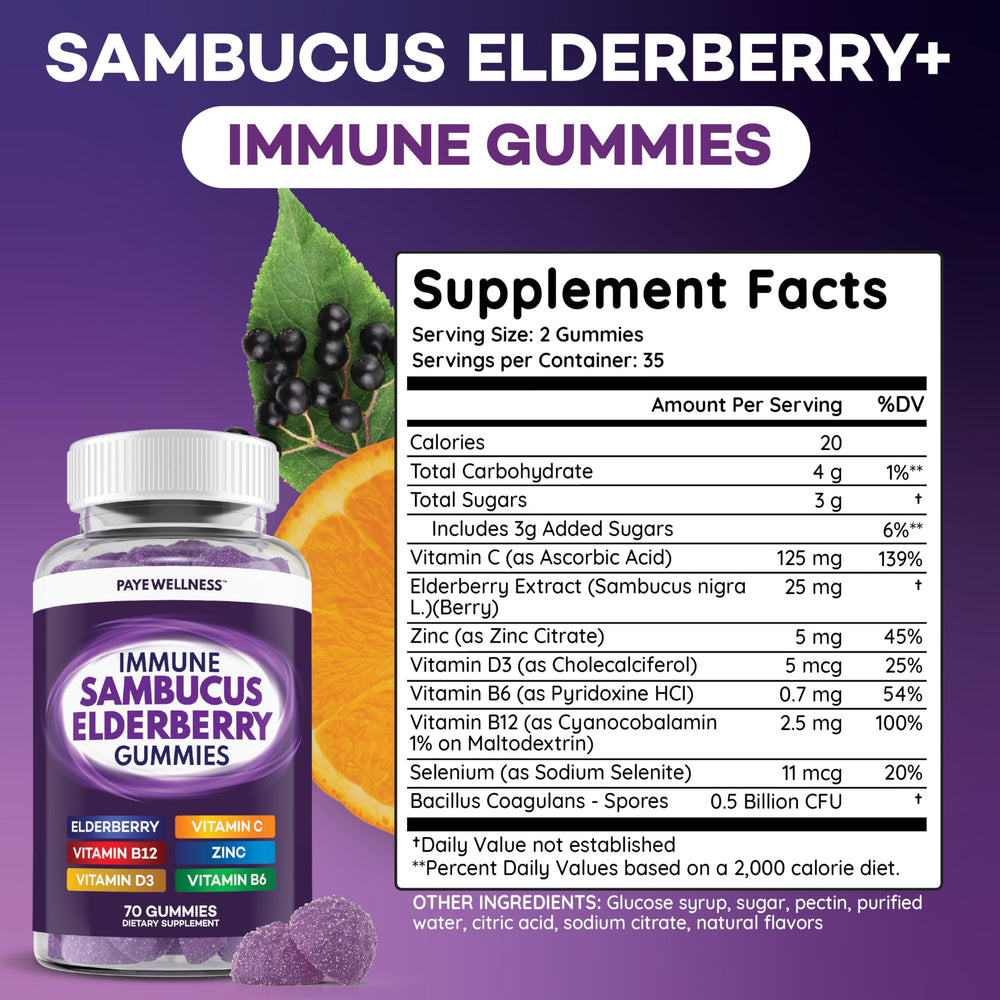 PAYÉ Elderberry Gummies nutrition panel close-up illustrating D3 and B vitamins for energy