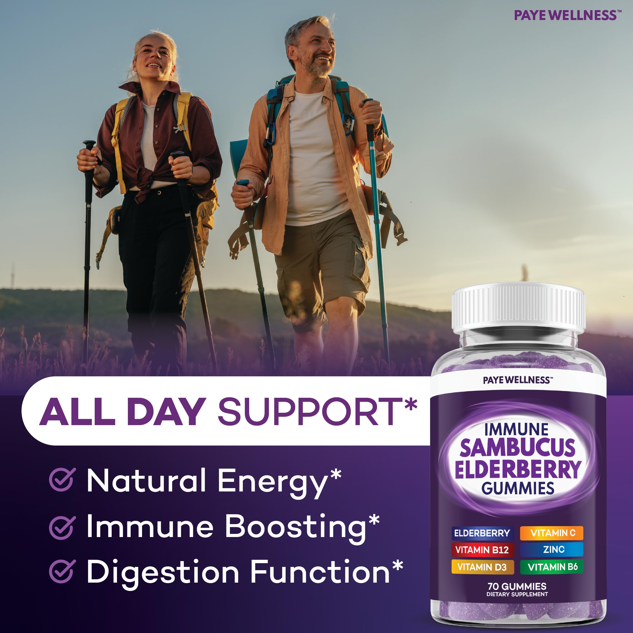 PAYÉ bottle highlights vitamin C, D3, zinc, and probiotics
