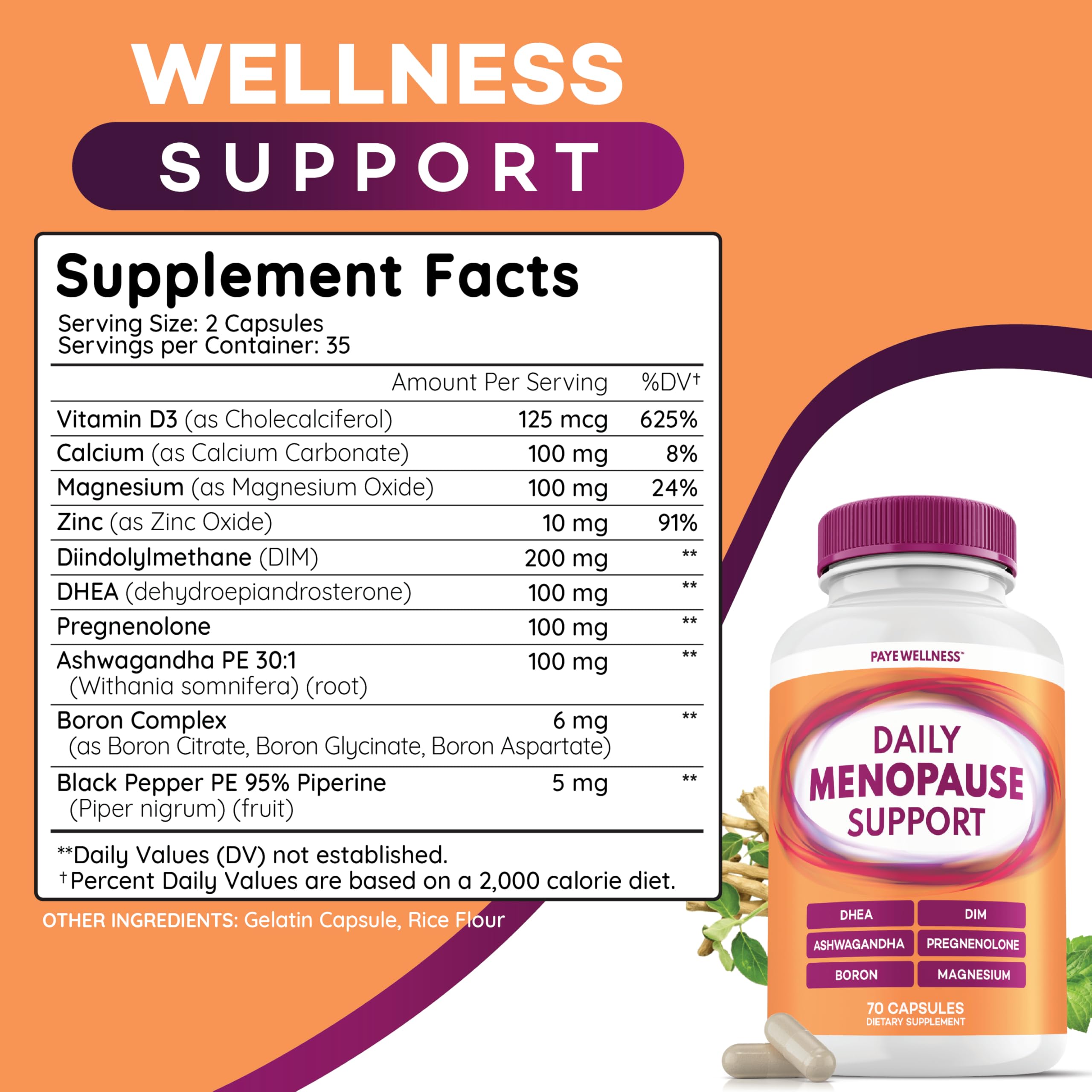 Close-up shows DIM, Ashwagandha, Vitamin D and Magnesium in PAYÉ blend