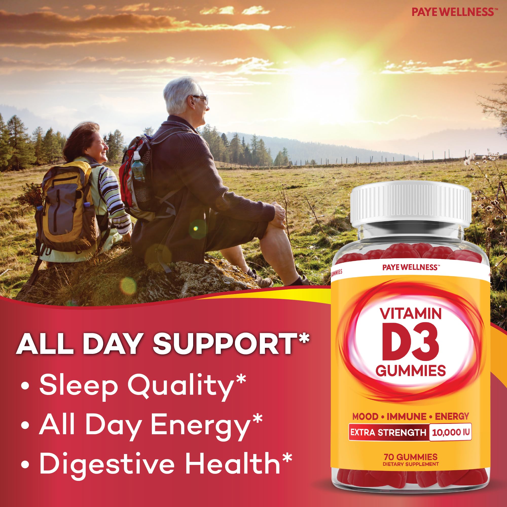 PAYÉ Vitamin D Gummies 140-count packaging image emphasizes long-term consistent use.