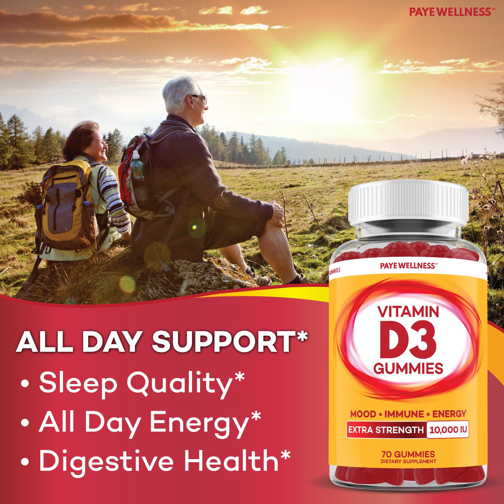 PAYÉ Vitamin D Gummies 140-count packaging image emphasizes long-term consistent use.