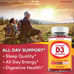 PAYÉ Vitamin D Gummies packaging in bright setting with natural flavors hint
