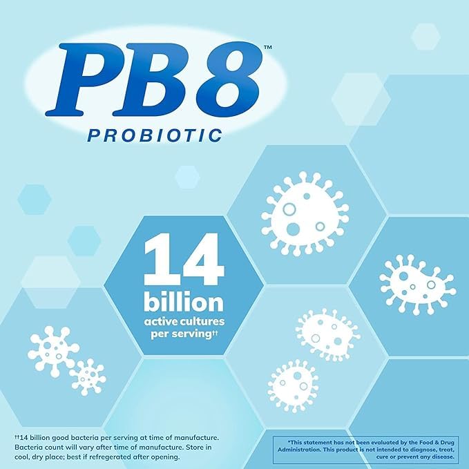 PB8 Probiotic packaging indicating a 60-day supply per bottle