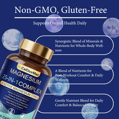 PBZPBZ 25-in-1 Magnesium Complex label emphasizing vegan, non-GMO formulation.