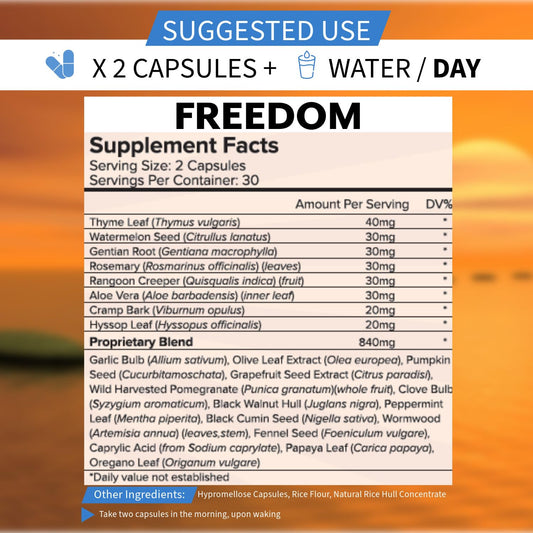 PCI Freedom Cleanse Restore bottle label close-up highlighting immune-supporting herbs.