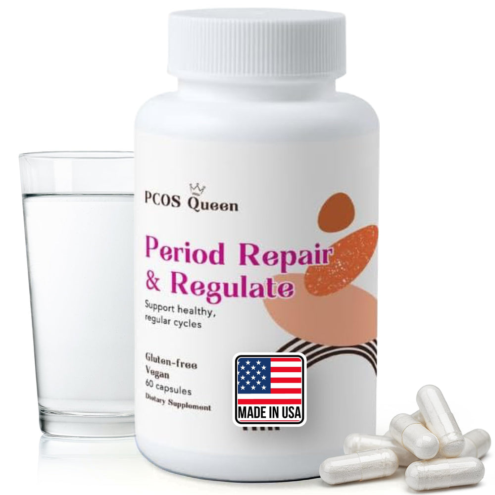 PCOS Queen Period Repair bottle close-up highlighting vegan formula for hormone balance support.