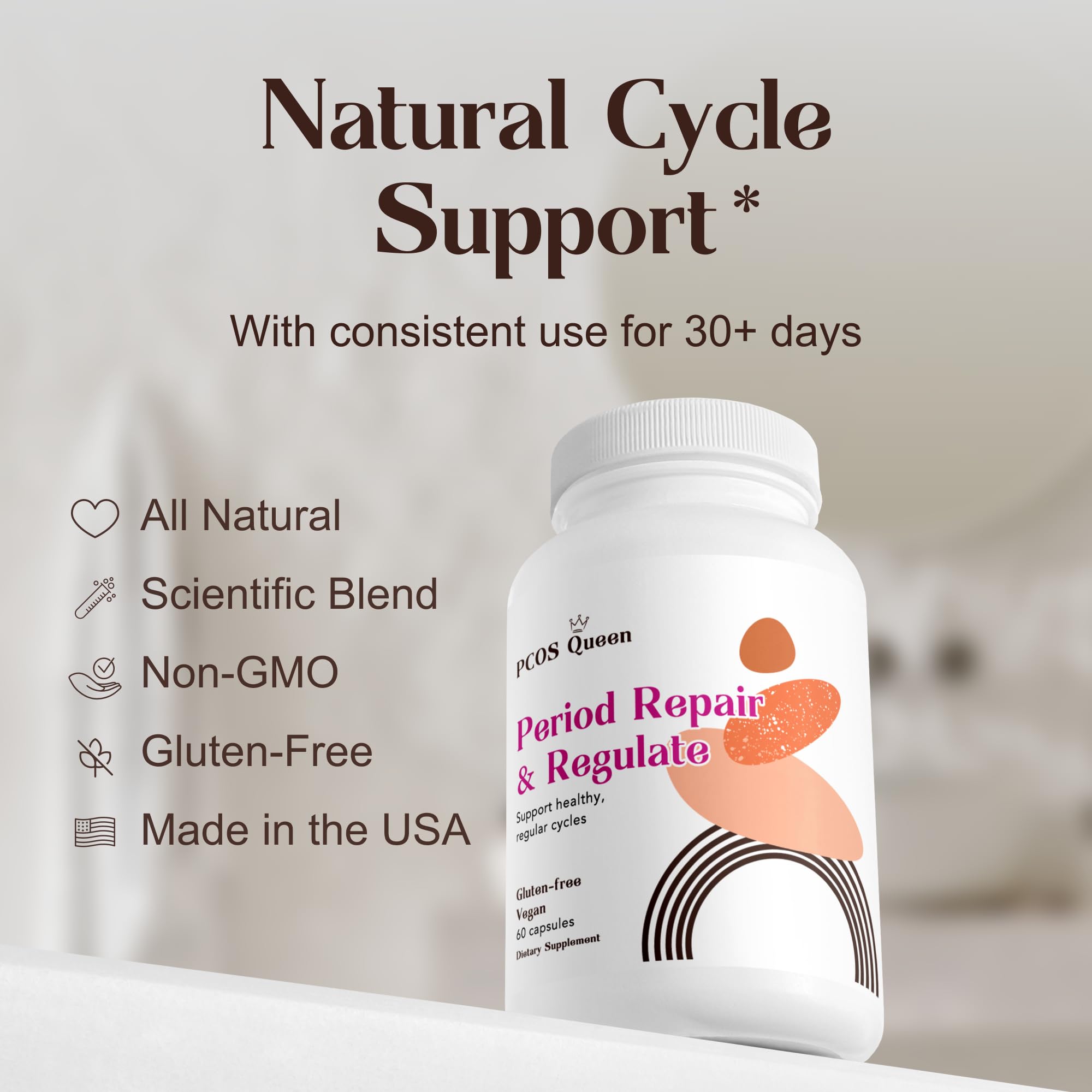 PCOS Queen Period Repair ingredients blend featuring B vitamins and herbs for overall balance.