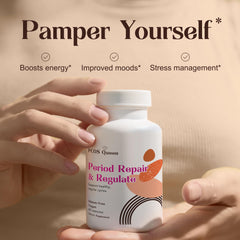 PCOS Queen Period Repair vegan formula packaging highlighting gluten-free and GMO-free claims.