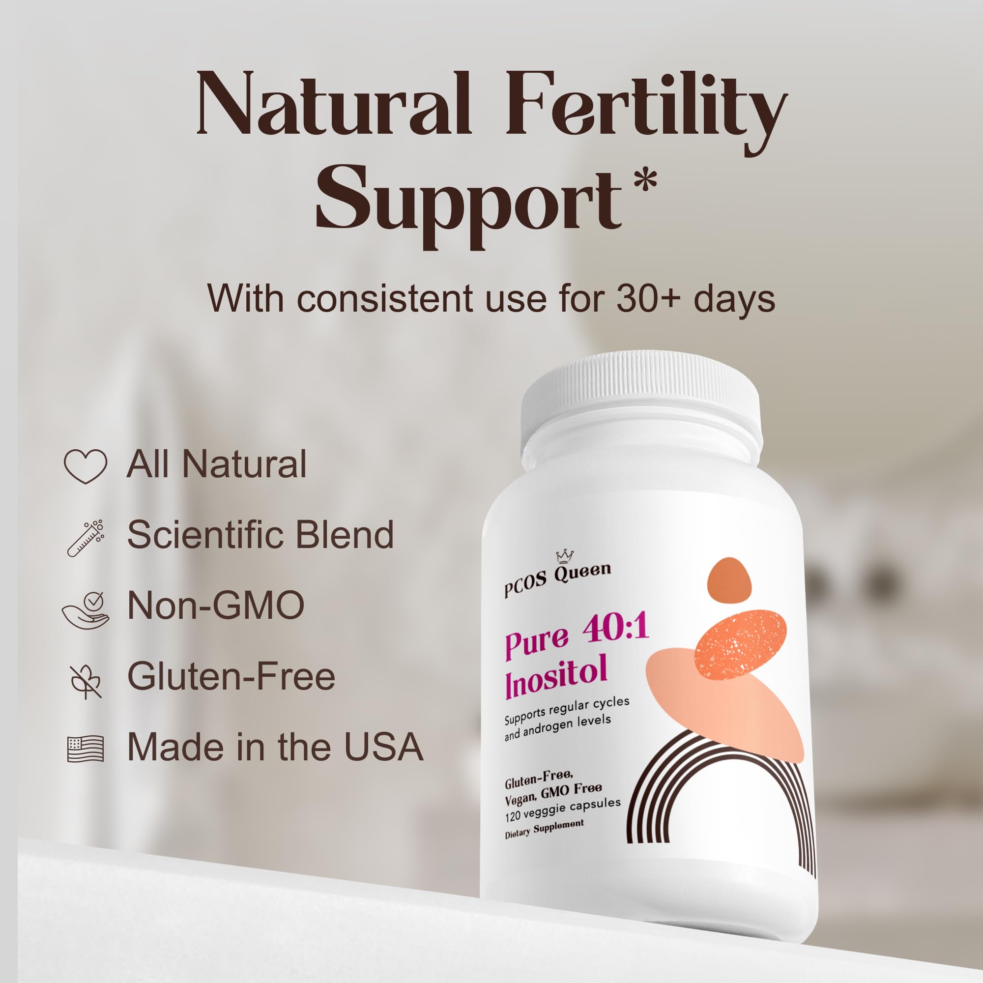 PCOS Queen Pure 40:1 Inositol capsules for easy daily use.