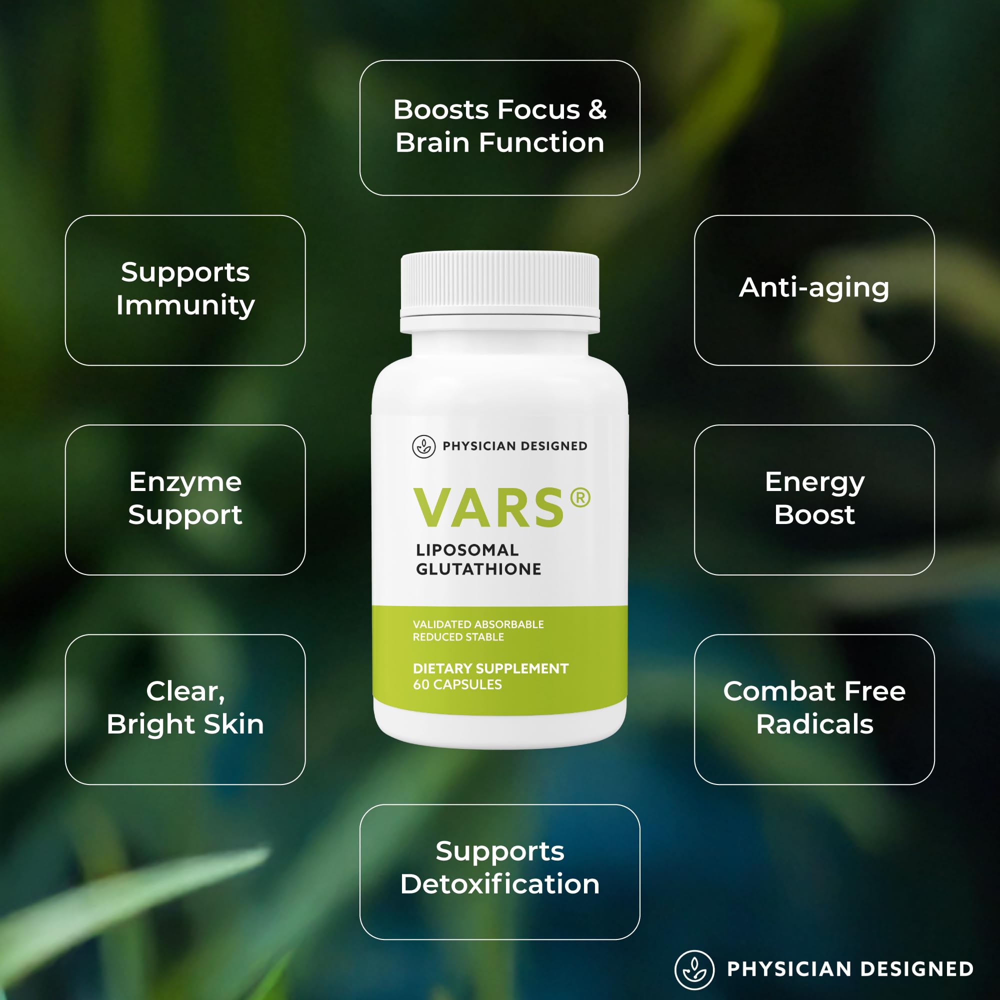 Close-up of PD VARS Liposomal Glutathione capsules suggesting easy, tasteless daily supplementation.