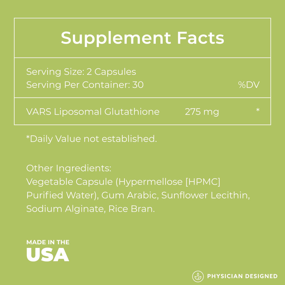 PD VARS Liposomal Glutathione capsules visual with bright complexion idea and energy focus.