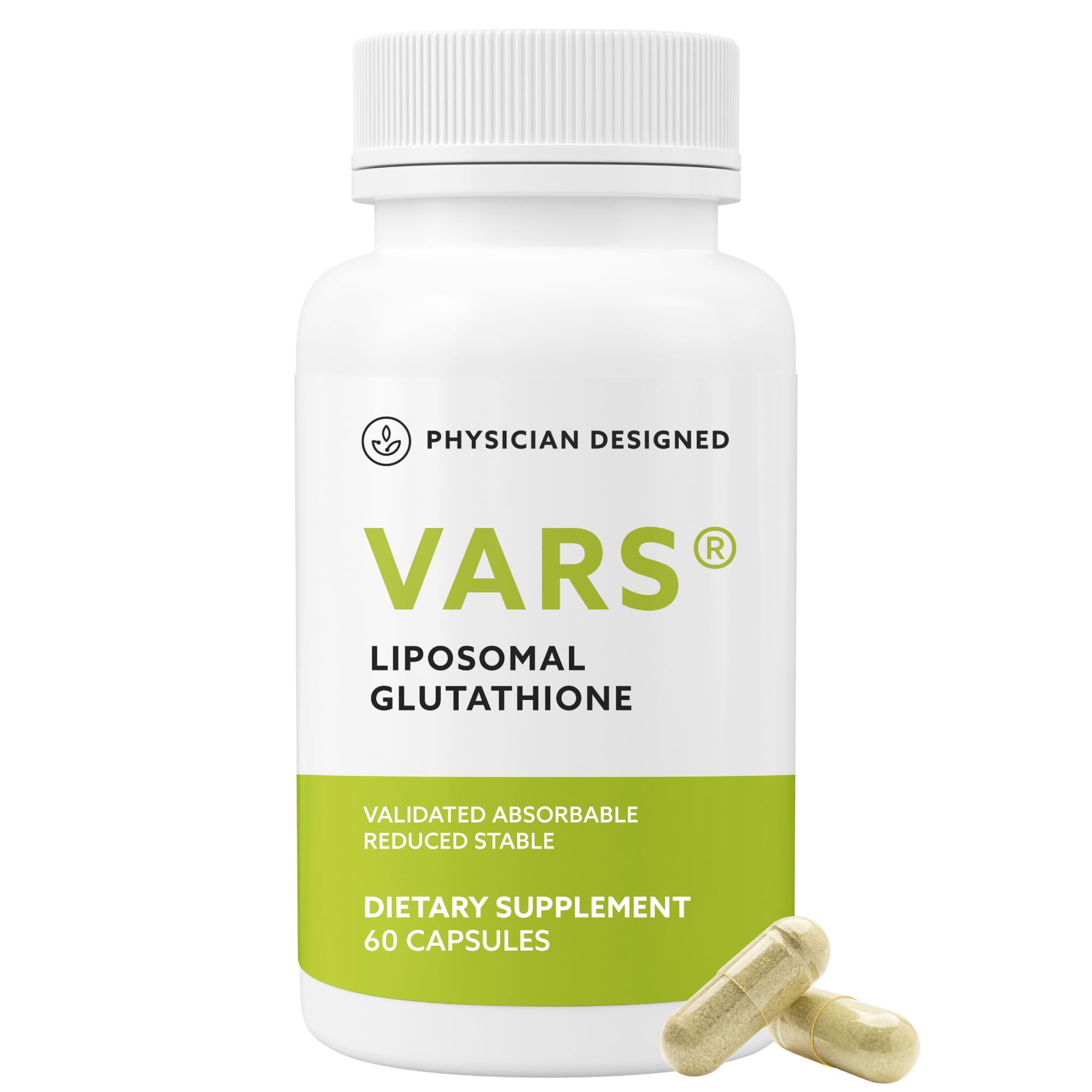 PD VARS Liposomal Glutathione capsules packaging displayed, emphasizing trusted brand and quality.