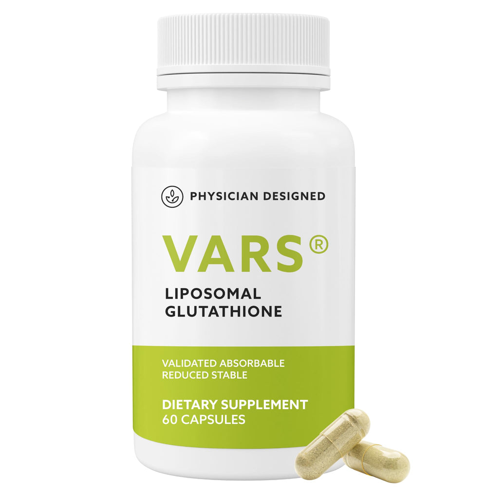 PD VARS Liposomal Glutathione capsules packaging displayed, emphasizing trusted brand and quality.